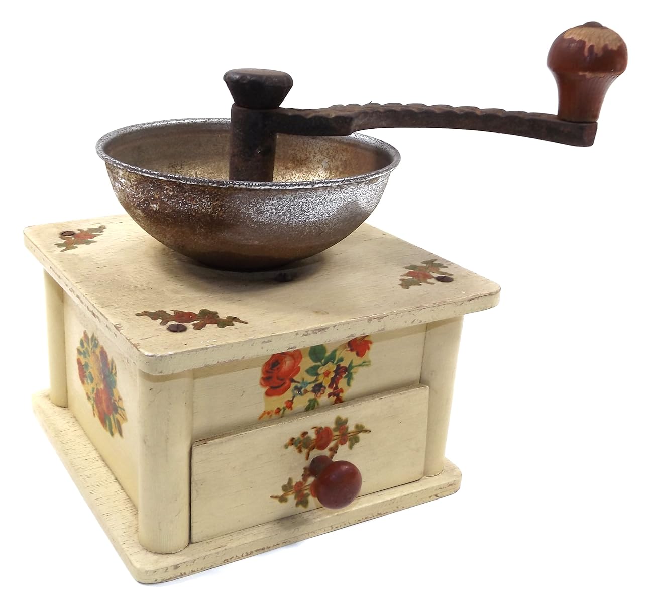 Vintage Wooden Cottage Chic Hand Crank Coffee Grinder Mill w/ Flower Decals