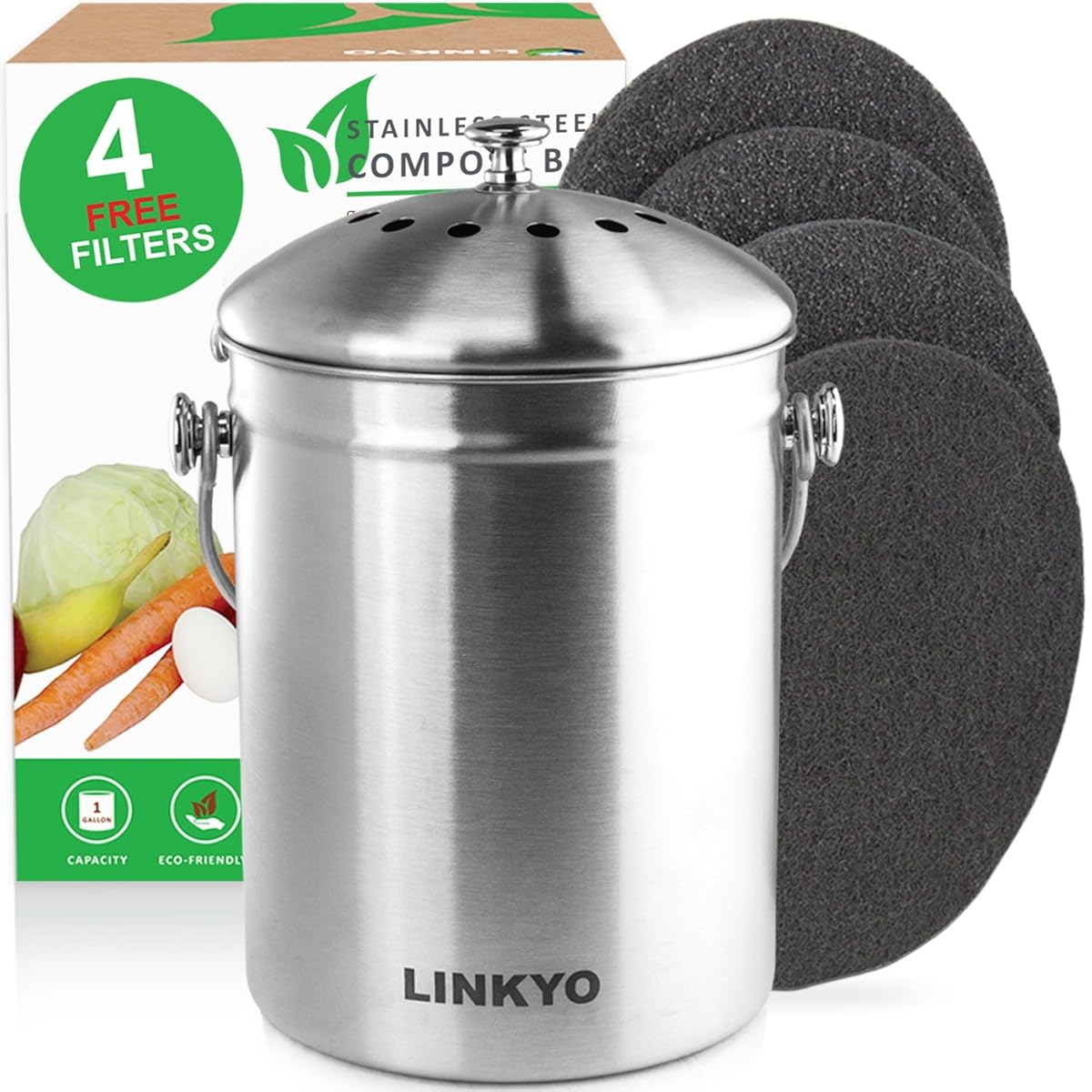 LINKYO Compost Bin 4 Filters Stainless Steel Kitchen Composter (1 Gallon)