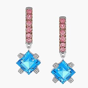 14K White Gold Diamond Accent Genuine Blue Topaz and Rhodolite Garnet Earrings
