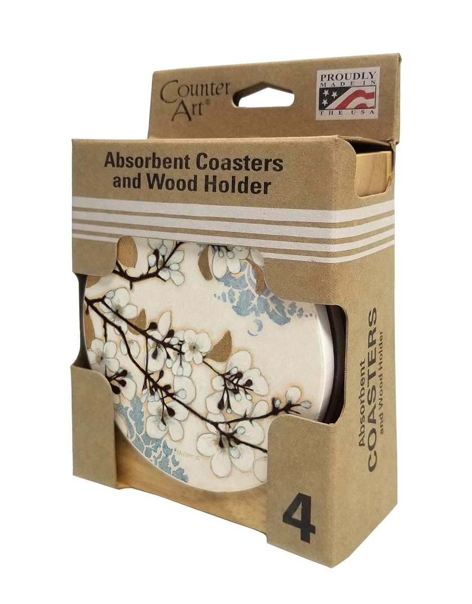 CounterArt Dogwood Branch Design Absorbent Coasters in Wooden Holder, Set of 4