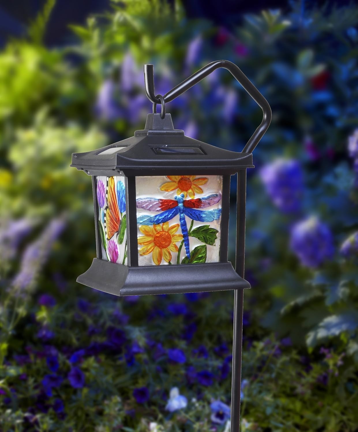 Hanging Stained Glass Lamp LED Light Solar Powered Outdoor Garden Decor