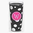 Black & White Polka Dot 16 oz Insulated Beverage Tumbler w/Monogram - Hot Pink & White Emblem (Curlz Font) - Letter W