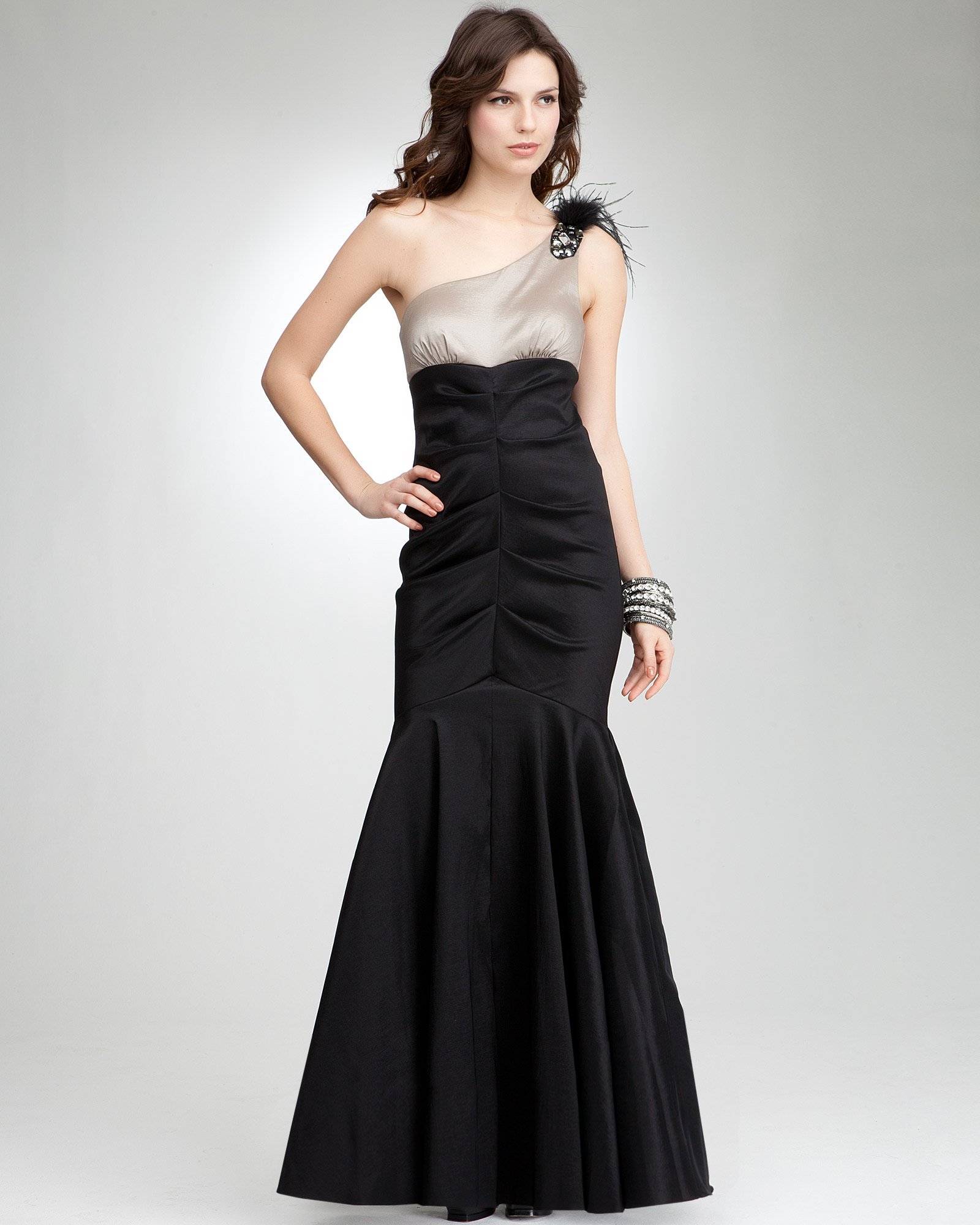 bebe One Shoulder Feather Taffeta Gown