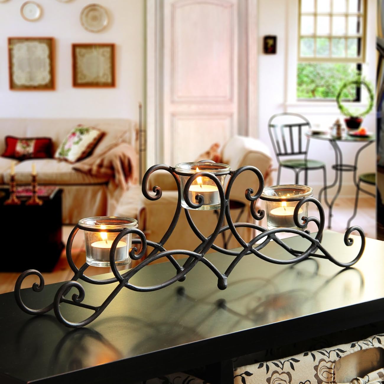 ELEGAN Black Iron Table Top Candle Holder, Holds 3 Tea lights
