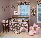 Blossoms - Pink and Chocolate Brown Floral Print - Baby Girl Crib bedding set