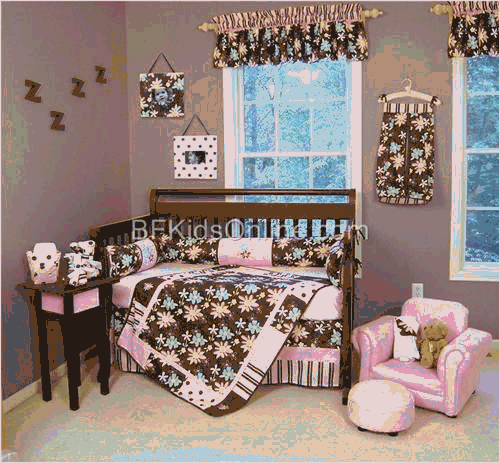 Blossoms - Pink and Chocolate Brown Floral Print - Baby Girl Crib bedding set product image