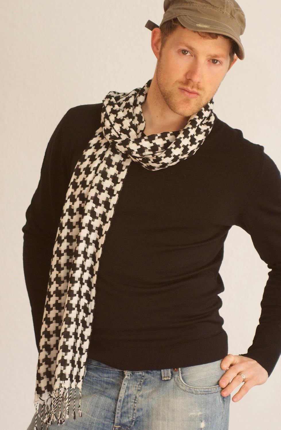 Black & White Houndstooth Scarf for Men