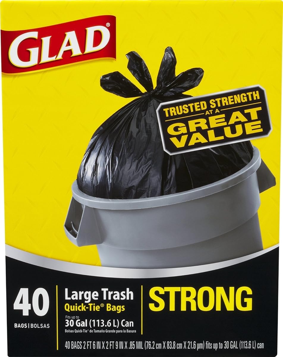 Glad Strong QuickTie Large Trash Bags 30 Gallon 40 Count 4 Pack (Packaging May Vary)