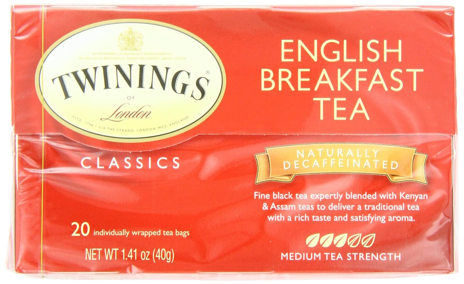 Twinings English Breakfast Tea, Decaffeinated, Tea Bags, 20Count Boxes