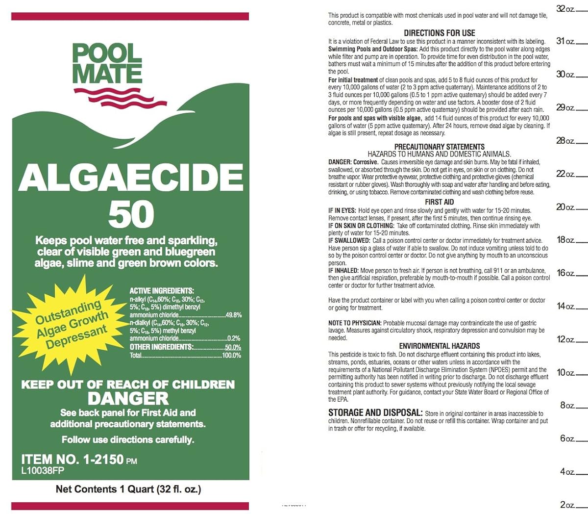 Pool Mate 1215002 Algaecide 50 Swimming Pool Algaecide, 1Quart, 2Pack