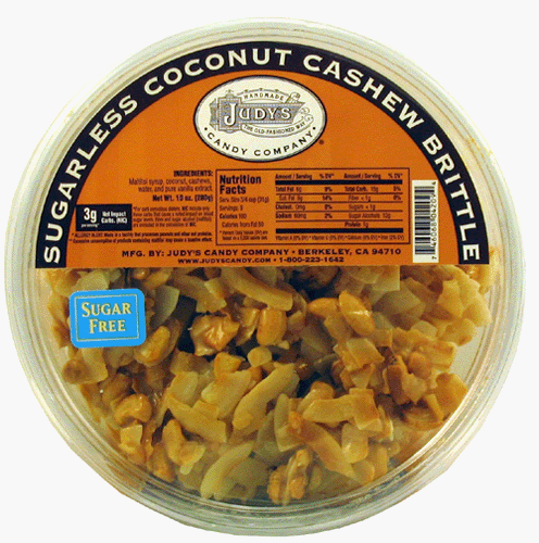 Judy's Candy Co. No Sugar Added Coconut Cashew Brittle 10 oz. Tub by Brittle Candy
