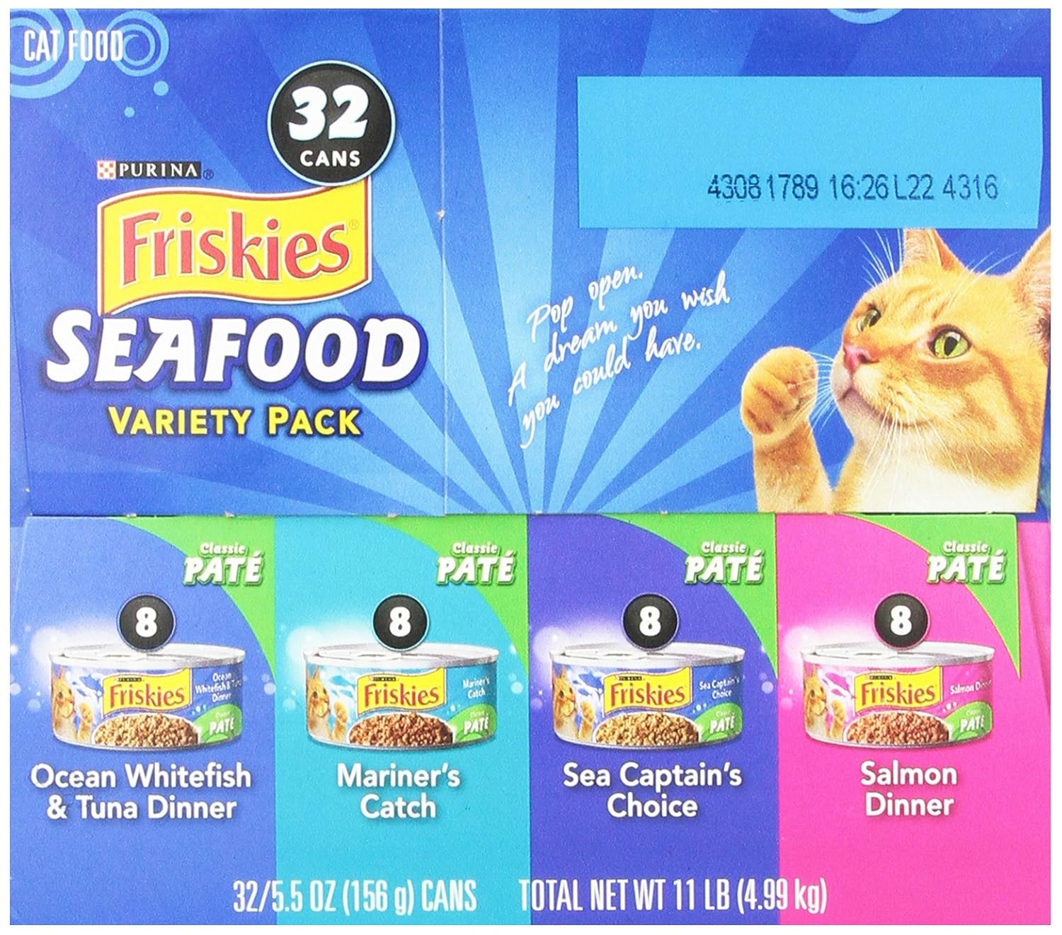 Friskies Cat Food Classic Pate, 4Flavor Seafood Variety Pack, 5.5Ounce Cans (P