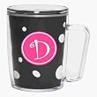 Black & White Polka Dot 18 oz Insulated Mug w/Monogram - (Hot Pink & White Emblem - Curlz Font) - Letter D