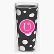 Black & White Polka Dot 16 oz Insulated Beverage Tumbler w/Monogram - Hot Pink & White Emblem (Curlz Font) - Letter U