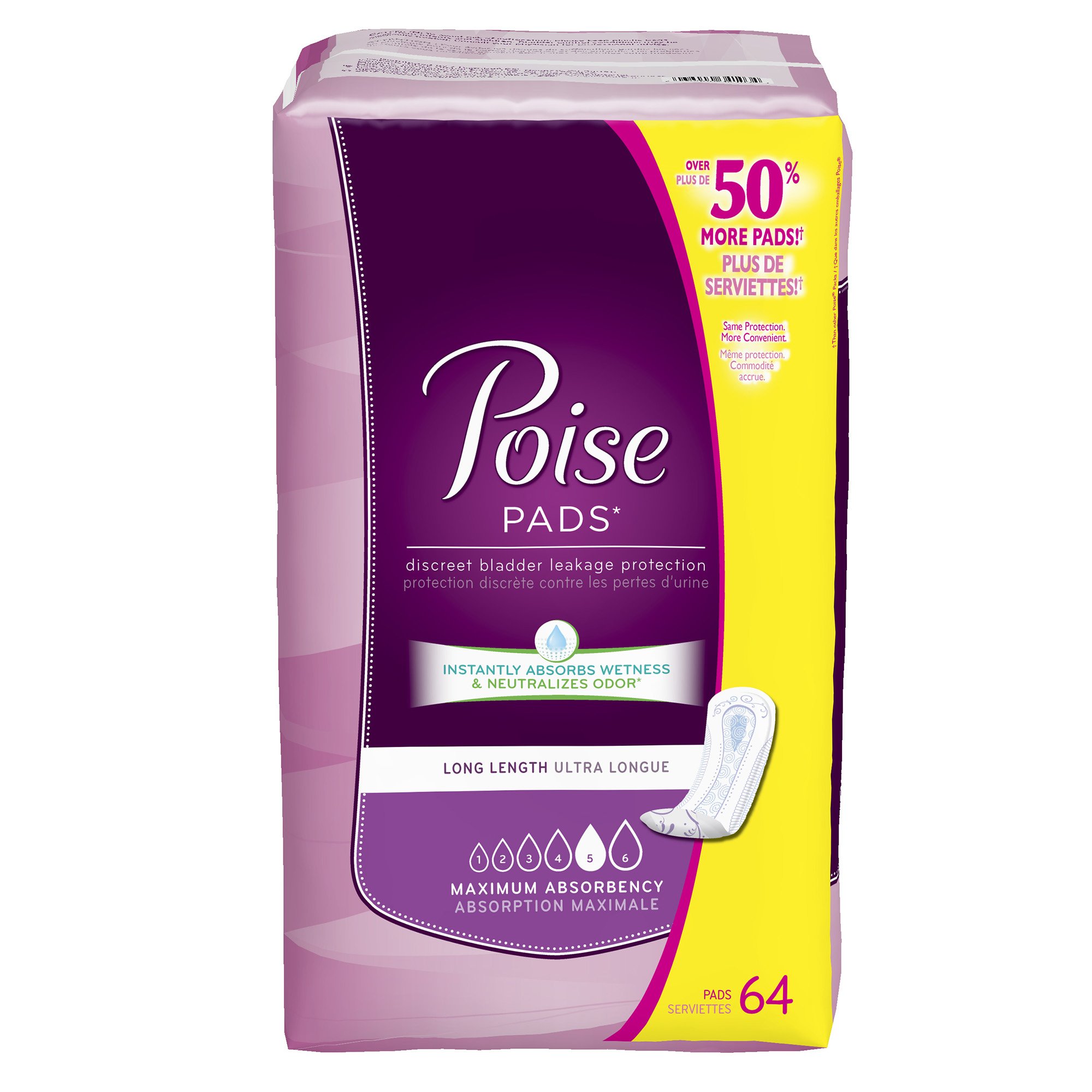 Poise Maximum Absorbency Incontinence Pads Long Length 64 Count
