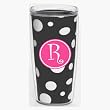 Black & White Polka Dot 16 oz Insulated Beverage Tumbler w/Monogram - Hot Pink & White Emblem (Curlz Font) - Letter R