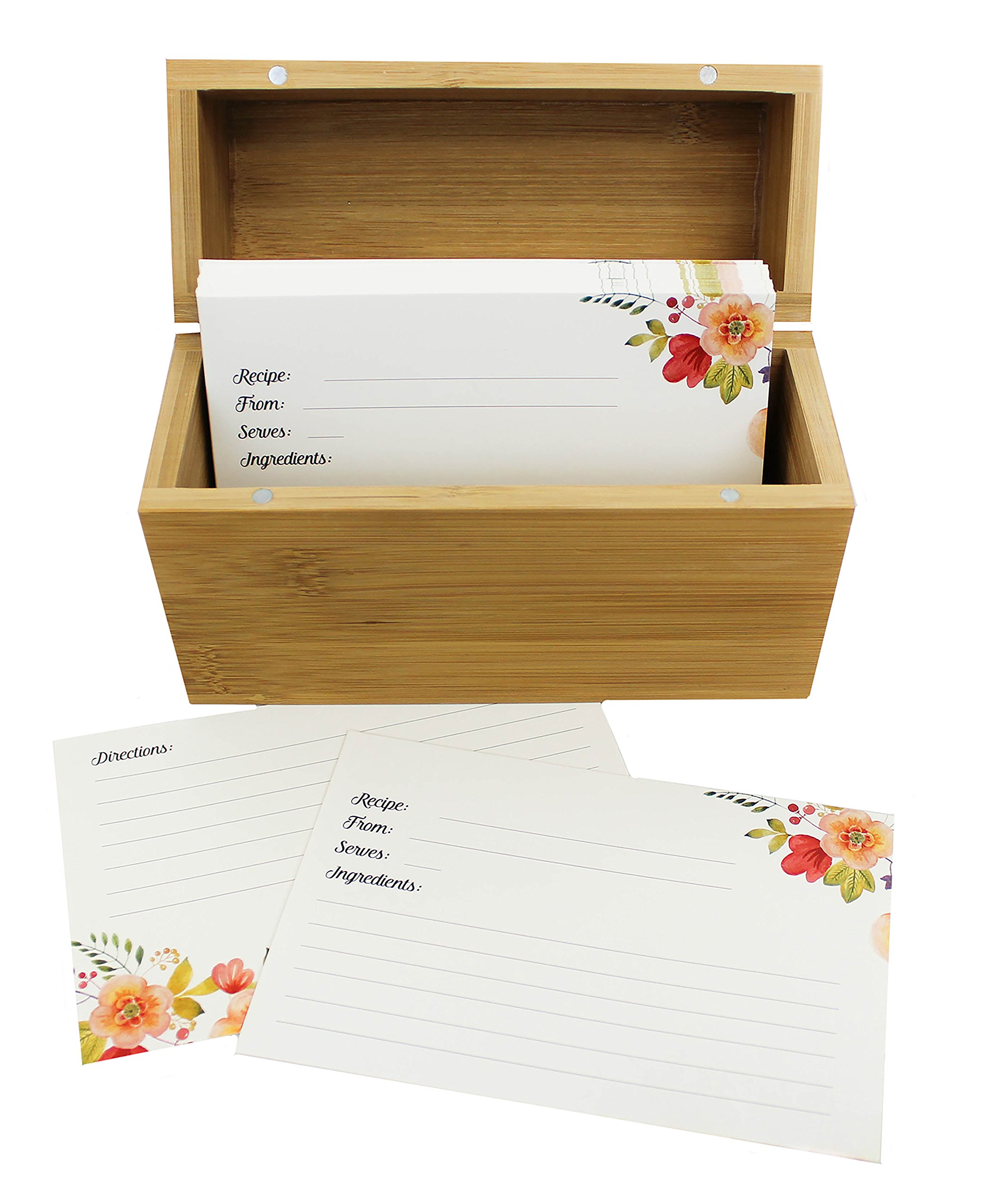Bamboo Recipe Box Set With 100 Recipe Cards & 10 Blank Dividers Holds Up To 200, 4x6 Cards