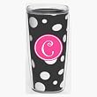 Black & White Polka Dot 16 oz Insulated Beverage Tumbler w/Monogram - Hot Pink & White Emblem (Curlz Font) - Letter C