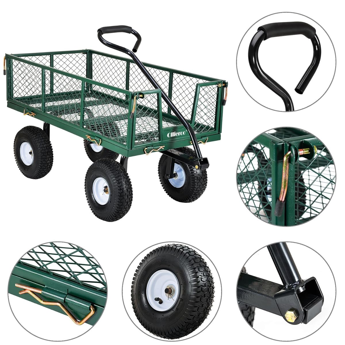 Ollieroo Utility Wagon Farm and Ranch Heavy-Duty Steel Garden Cart with Removable Folding Sides and 10” Pneumatic Tires 660Lb Capacity 38”x20” Bed Powder Coated Green Finish