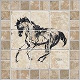 "Ground-Tie" Tumbled Marble Tile Mural by EquuStone. Horse Image by Equine Artist Pat Stebbins. Kitchen Backsplash, Bathroom Wall Tiles.