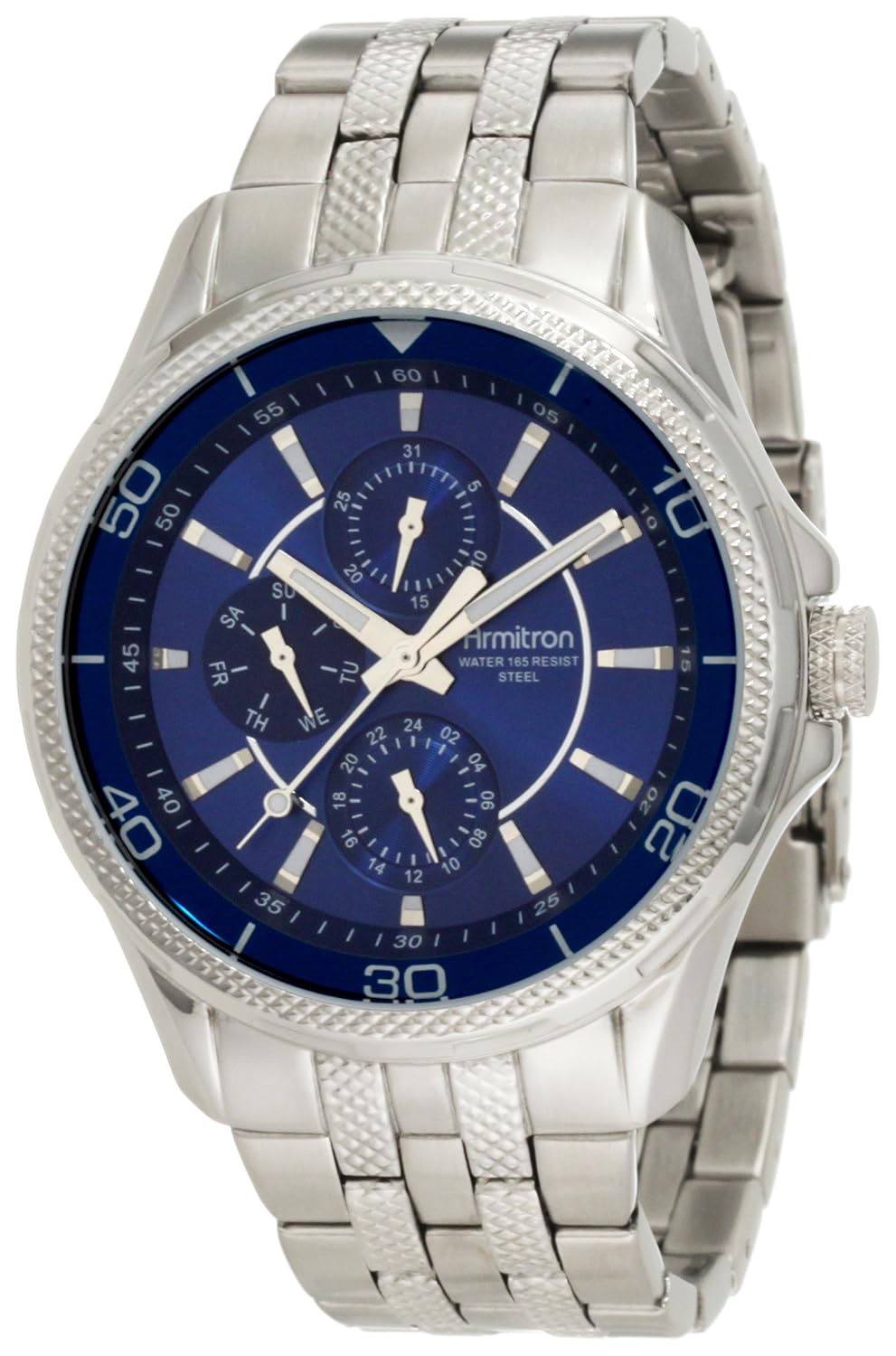 Armitron Men’s 204701BLSV Silver-Tone Stainless-Steel Blue Multi-Function Dial Dress Bracelet Watch