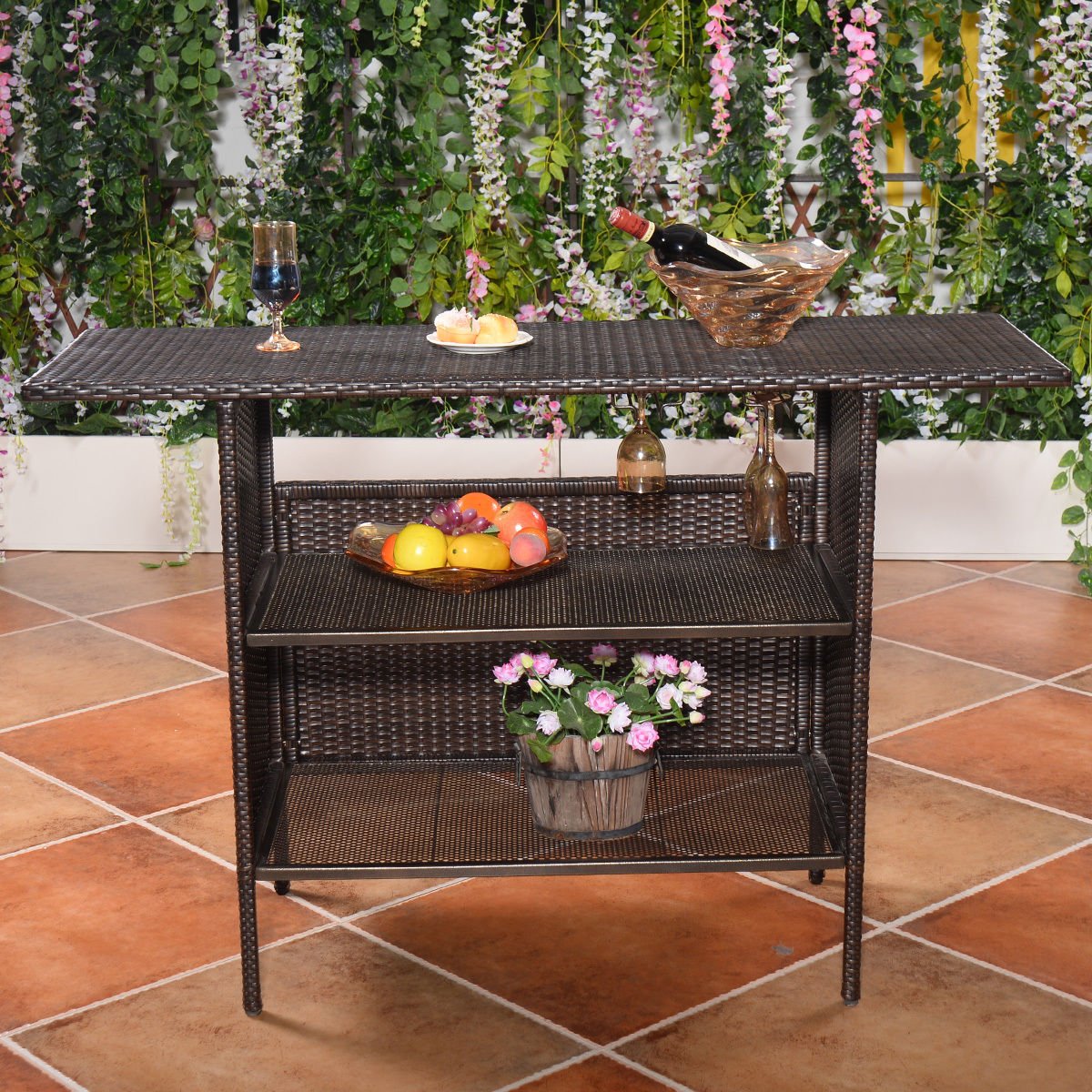 Giantex Outdoor Patio Rattan Wicker Bar Counter Table with 2 Steel