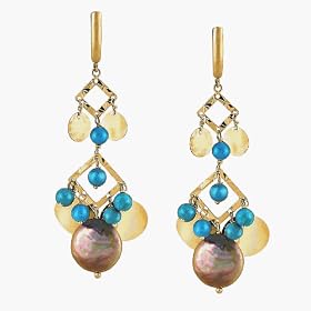14K Yellow Gold Genuine Turquoise Earrings With Champagne Pearls