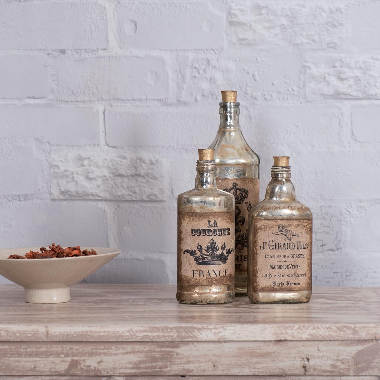 FABULIV Edwin Vintage Style Glass Decorative Bottles (Set of 3