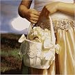Flower Girl Basket with Embroidered Sheer Trim & Bows - White