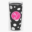 Black & White Polka Dot 16 oz Insulated Beverage Tumbler w/Monogram - Hot Pink & White Emblem (Curlz Font) - Letter Y