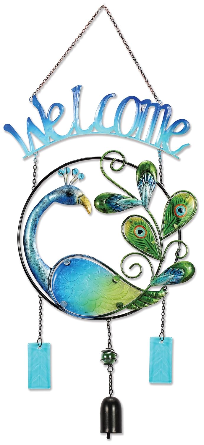design studios hanging glass and metal welcome sign, peacock