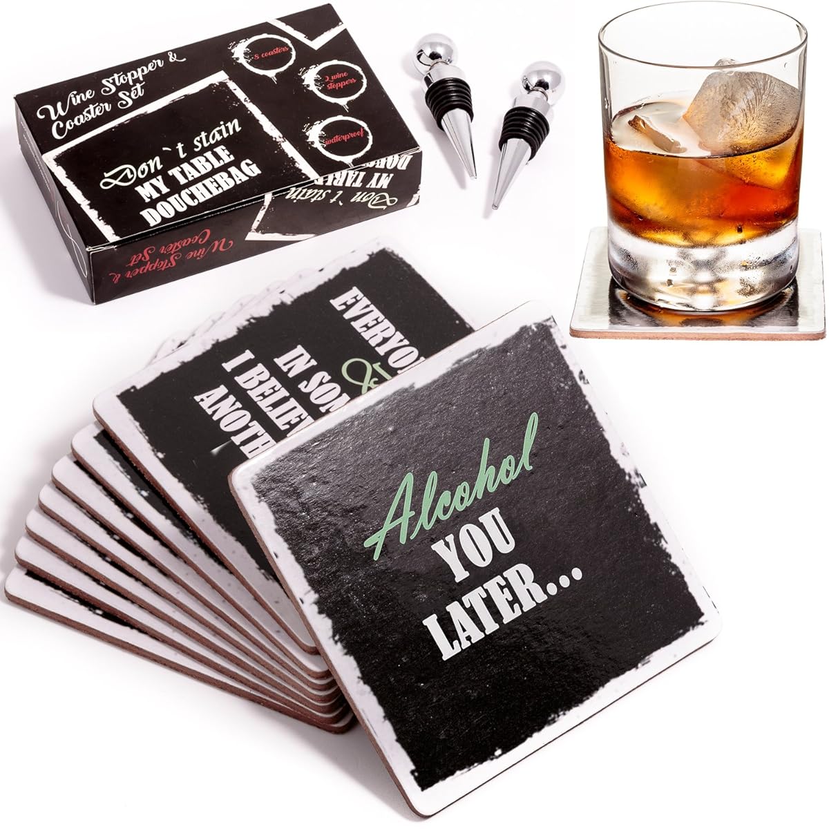 Set of 8 Premium Funny Coasters for Drinks- Large Size 4 inches Square - PLUS 2 Stainless Steel Ball Design Wine Bottle Stoppers - Bar Tools Collection by Prego Unlimited