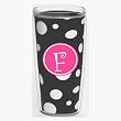 Black & White Polka Dot 16 oz Insulated Beverage Tumbler w/Monogram - Hot Pink & White Emblem (Curlz Font) - Letter F