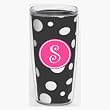 Black & White Polka Dot 16 oz Insulated Beverage Tumbler w/Monogram - Hot Pink & White Emblem (Curlz Font) - Letter S