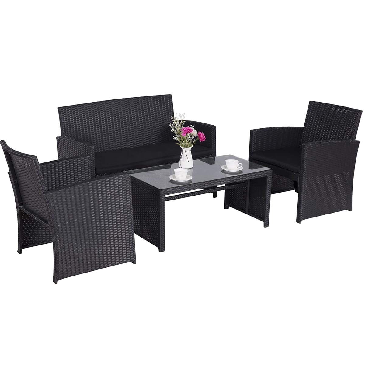 Cloud Mountain 4 Piece Rattan Furniture Set Patio Conversation Set Sectional Wicker Rattan