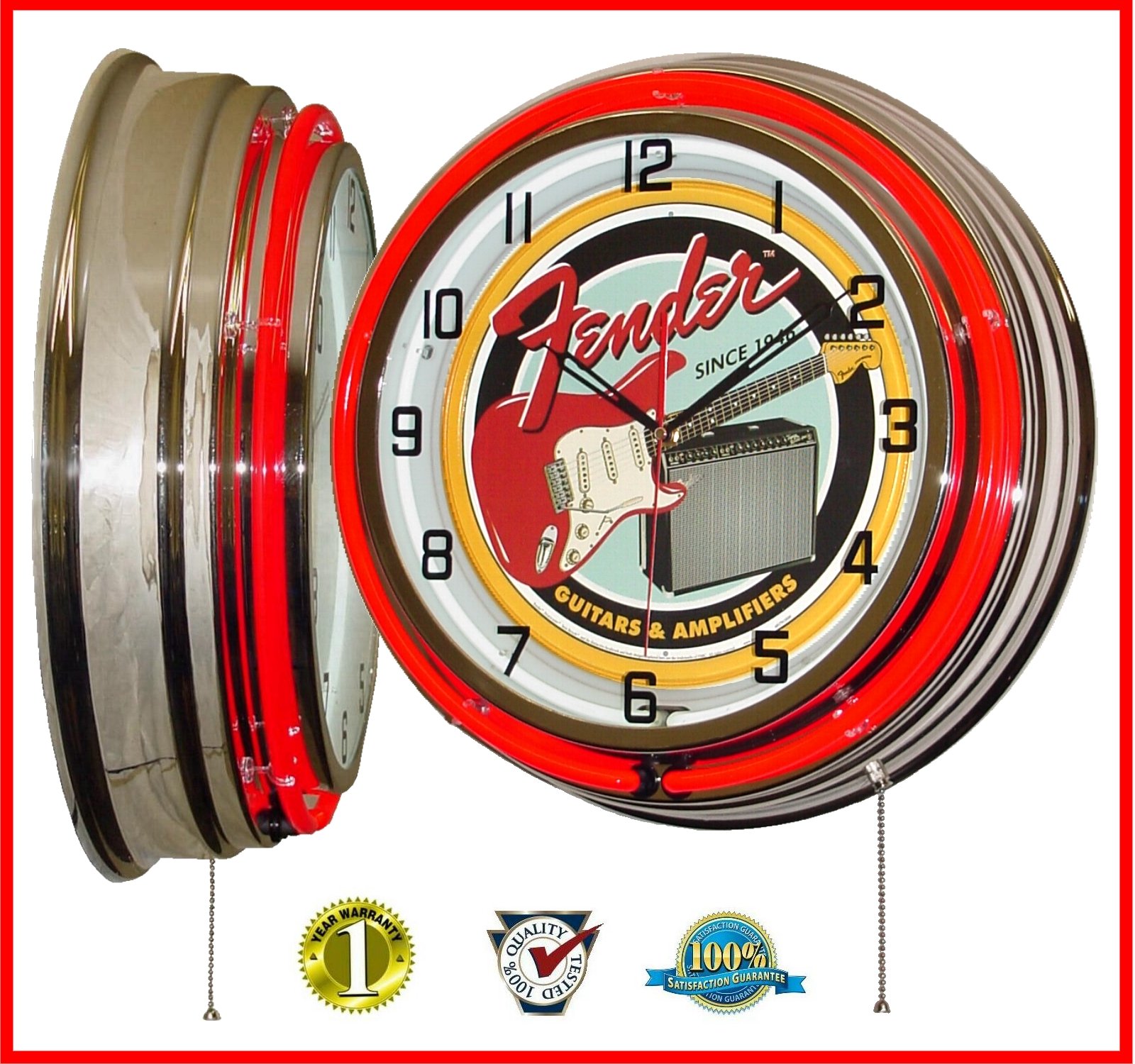 18" Vintage FENDER GUITAR Metal Sign Dbl Neon Wall Clock Amplifier