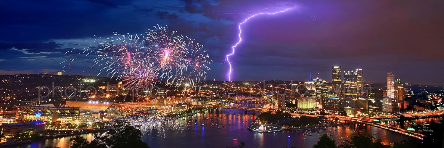 Amazon.com: Pittsburgh Skyline Fireworks Lightning NIGHT Downtown ...