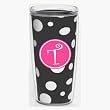 Black & White Polka Dot 16 oz Insulated Beverage Tumbler w/Monogram - Hot Pink & White Emblem (Curlz Font) - Letter T