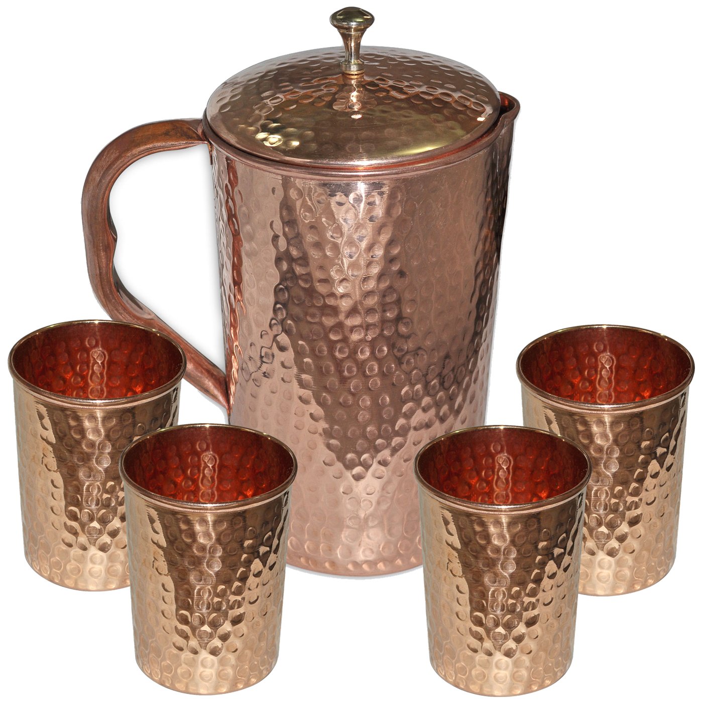 AsiaCraft Pure Copper Hammered Jug & 4 Steel Copper Hammered Glasses
