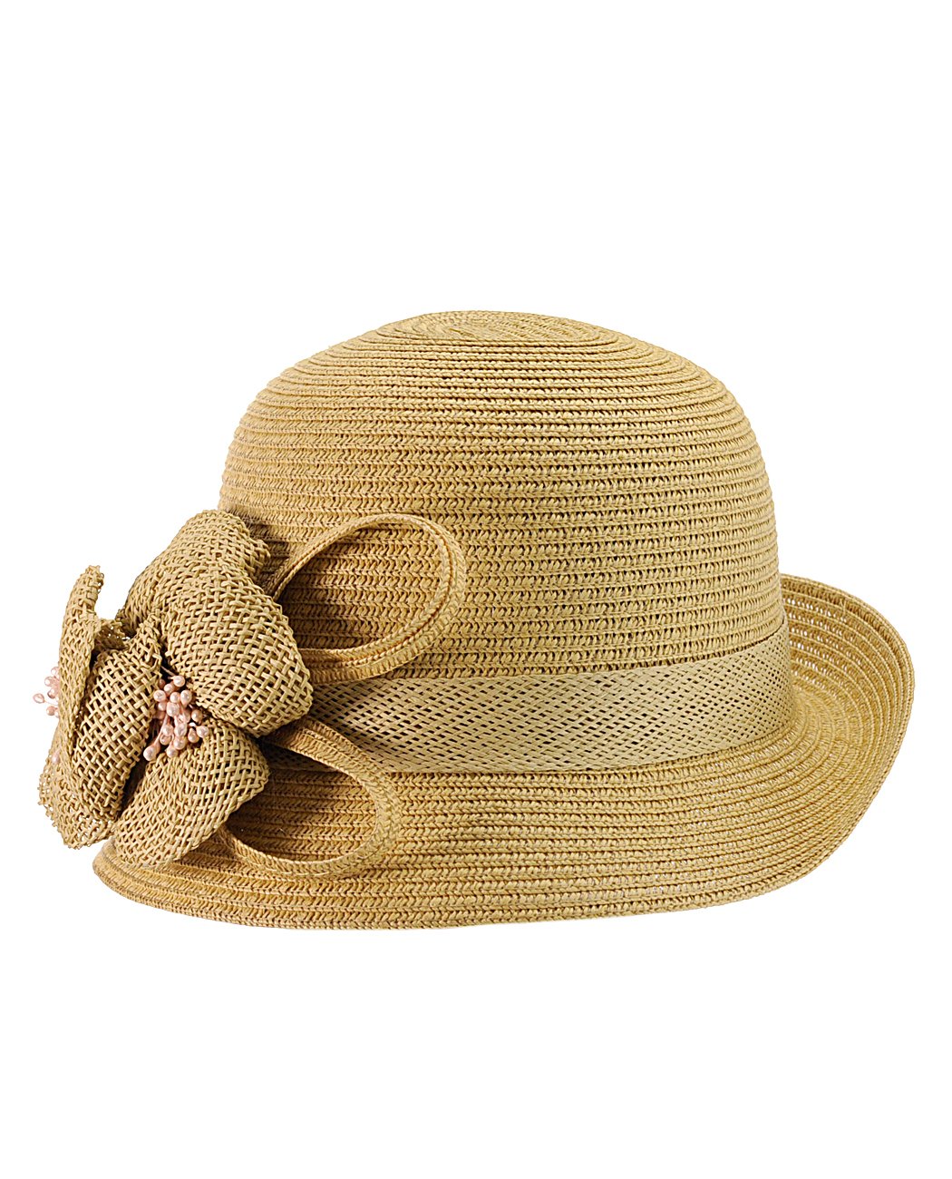 NYfashion101 Side Flip Cloche Bucket Hat w/ Woven Flower & Ribbon Accent