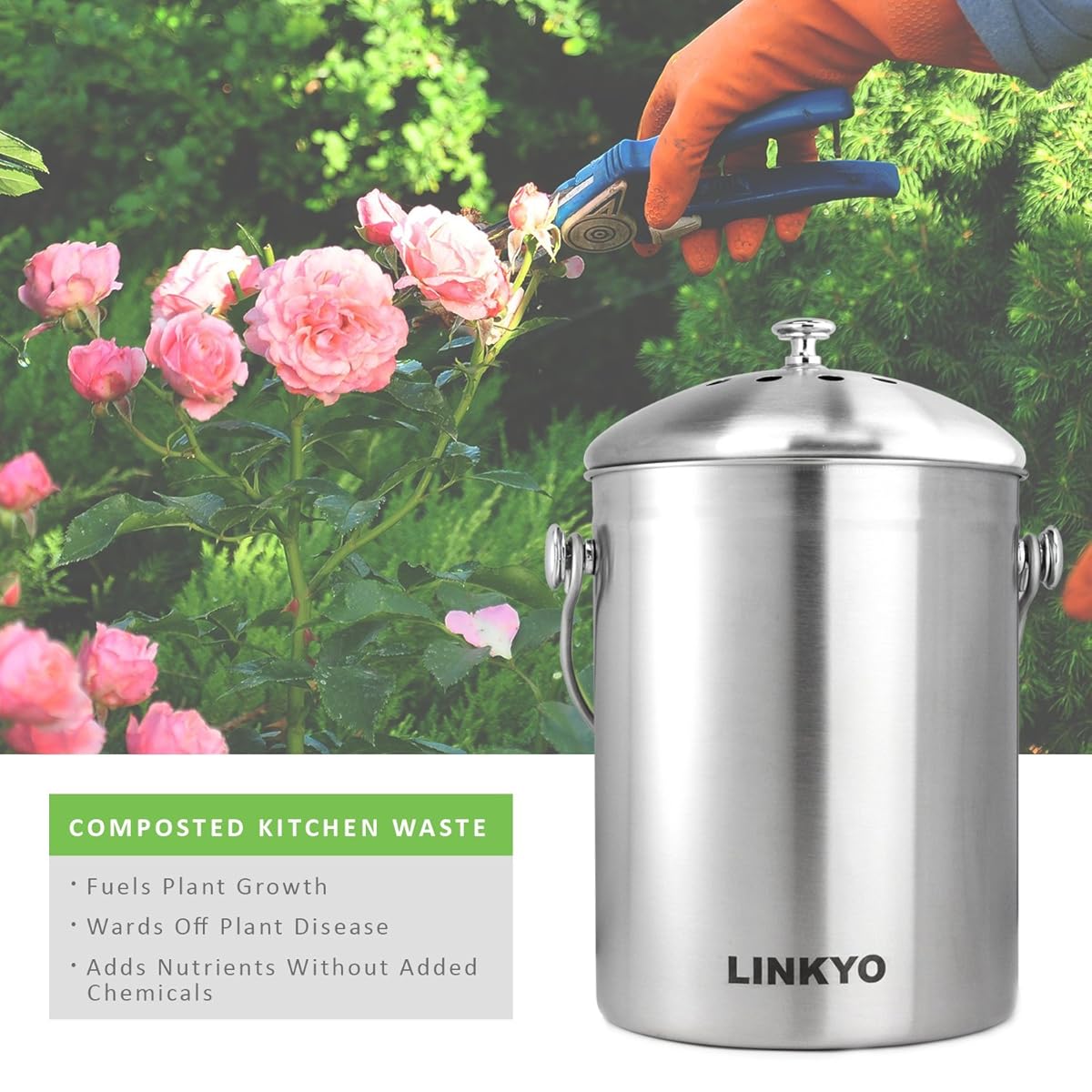 LINKYO Compost Bin 4 Filters Stainless Steel Kitchen Composter (1 Gallon)