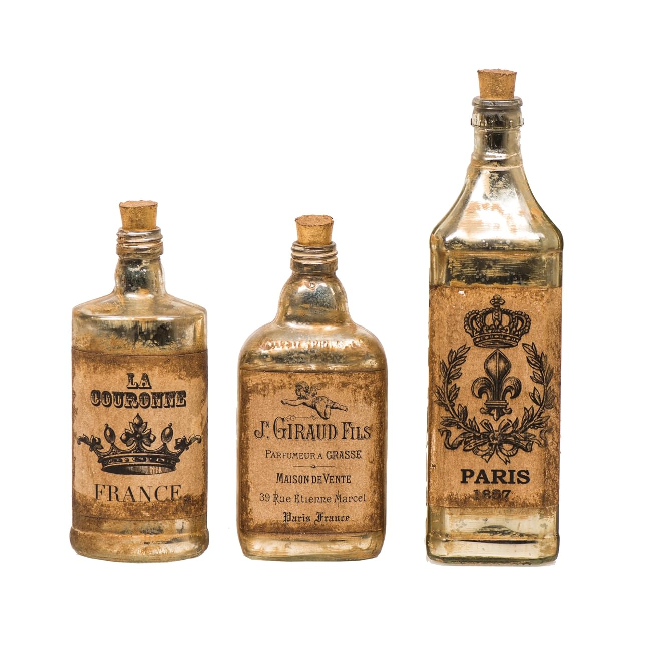 FABULIV Edwin Vintage Style Glass Decorative Bottles (Set of 3