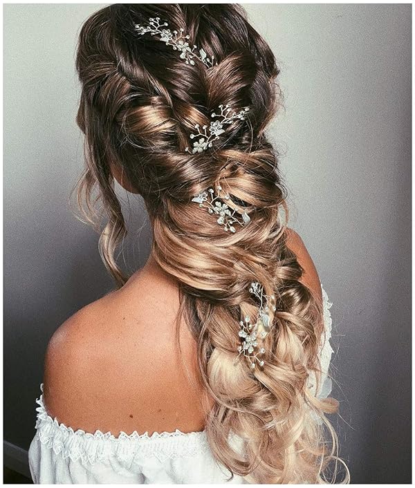 Sweetv Pearl Silver Hair Vine Braided Wedding Headband