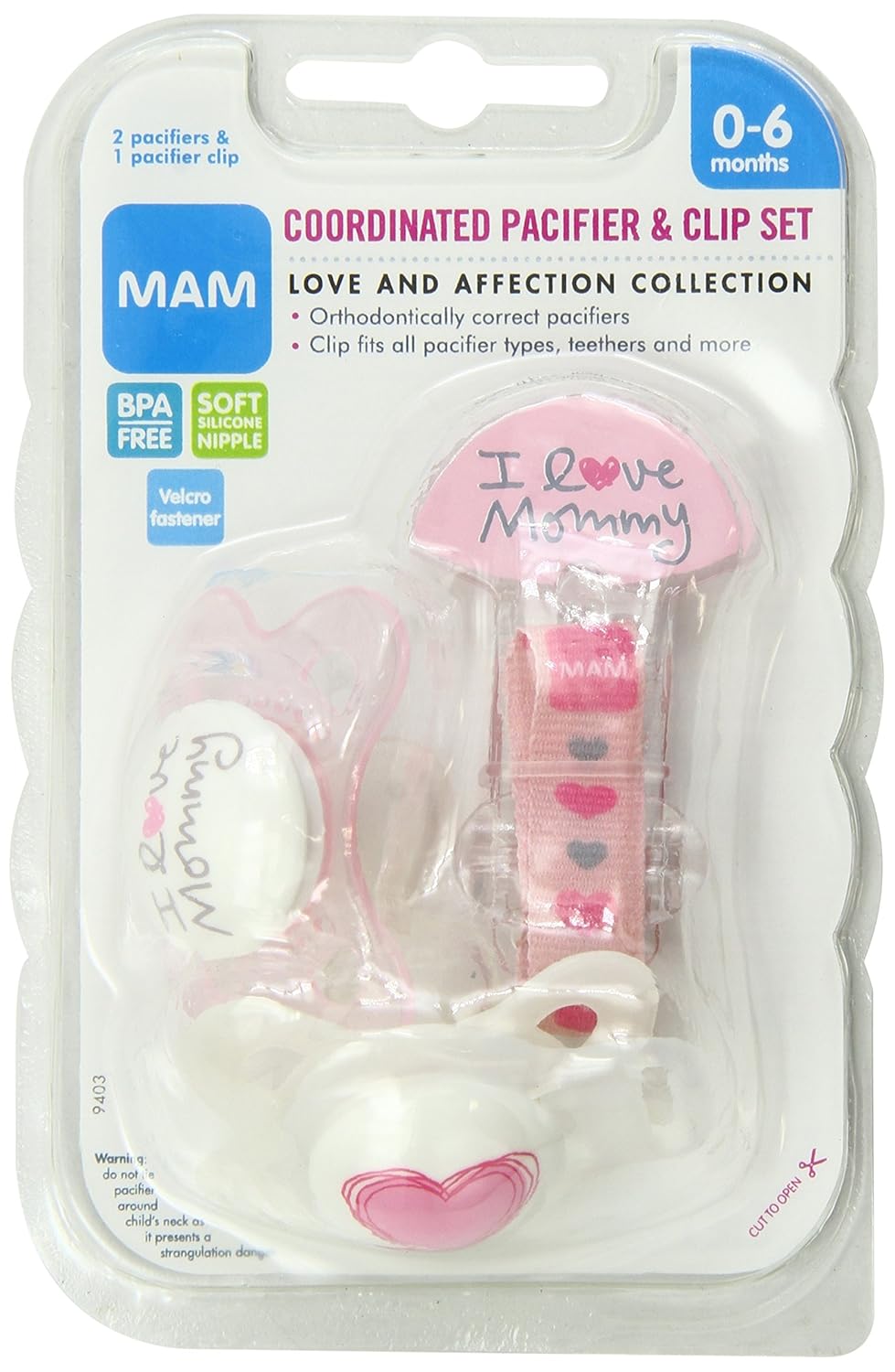 MAM Love and Affection Mommy Silicone Pacifier with Clip, Pink, 06