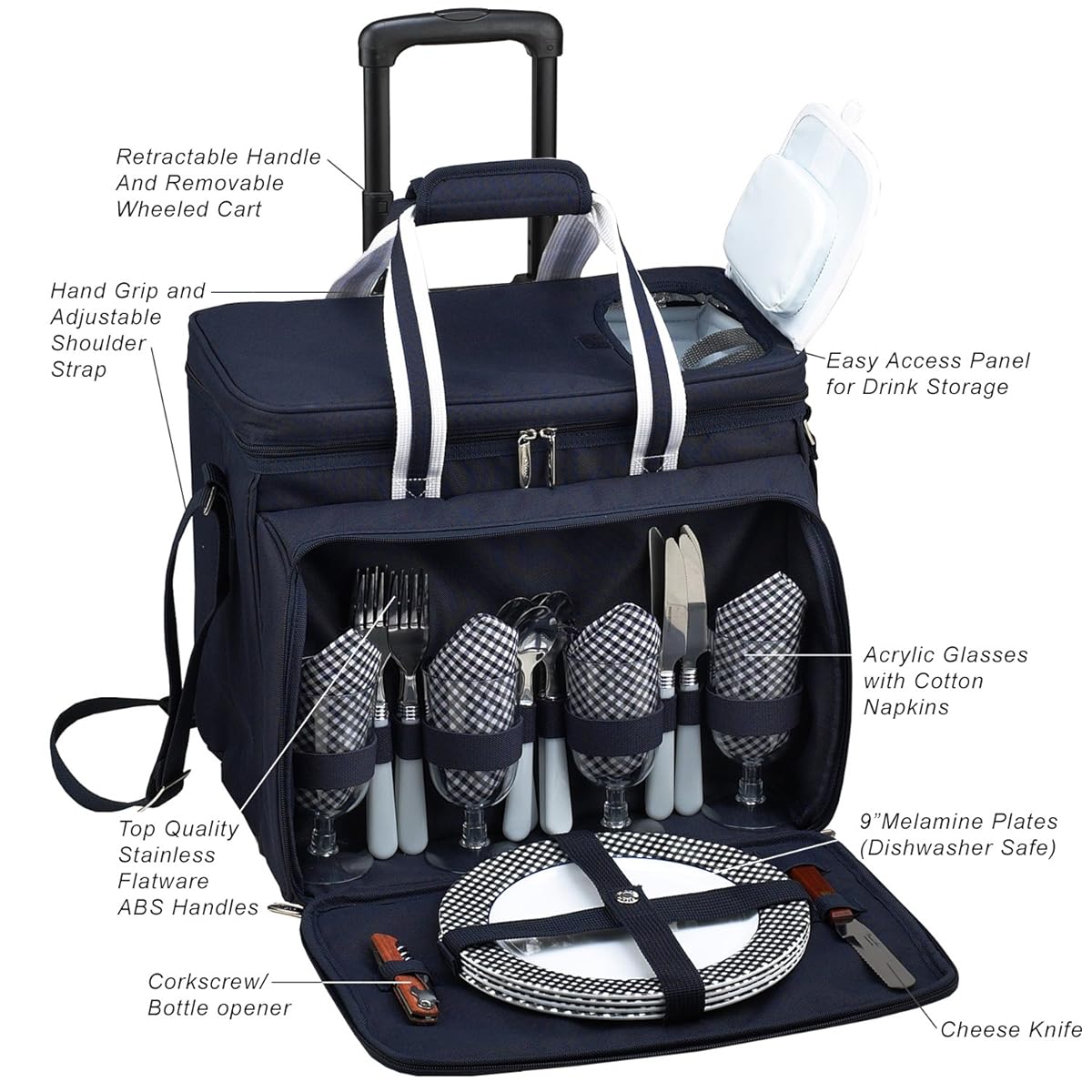 Picnic at Ascot Equipped Picnic Cooler with Service for 4 on Wheels Navy