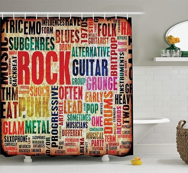 Ambesonne Music Shower Curtain Retro Rock Roll Lettering Grunge