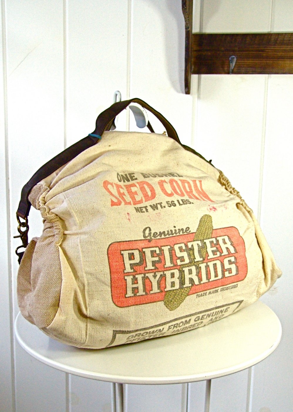 Vintage Seed Sack Handbag- Pfister Seed Corn- Cooper Messenger Bag- Denim, Cotton, Leather