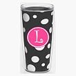 Black & White Polka Dot 16 oz Insulated Beverage Tumbler w/Monogram - Hot Pink & White Emblem (Curlz Font) - Letter L