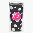 Black & White Polka Dot 16 oz Insulated Beverage Tumbler w/Monogram - Hot Pink & White Emblem (Curlz Font) - Letter Q