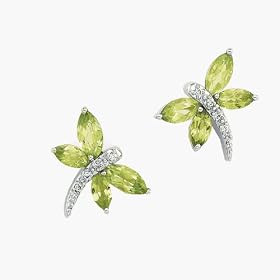 14K White Gold Genuine Peridot And Diamond Earrings (0.04 cttw)